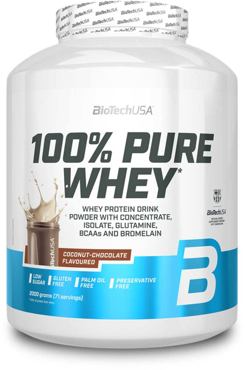 BioTechUSA 100% Pure Whey | Eiwitpoeder met BCAA en Glutamine | Glutenvrij, Palmolievrij | 21g Eiwit per portie, 2 kg, Kokos-Chocolade