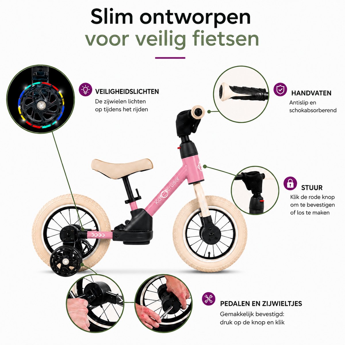 Kidcruiser Loopfiets 2+ jaar - Optioneel met LED Zijwieltjes & Trappers - 3-in-1 Kinderfiets - 12 inch – Roze & Creme wit – Modulair Design — afbeelding 6