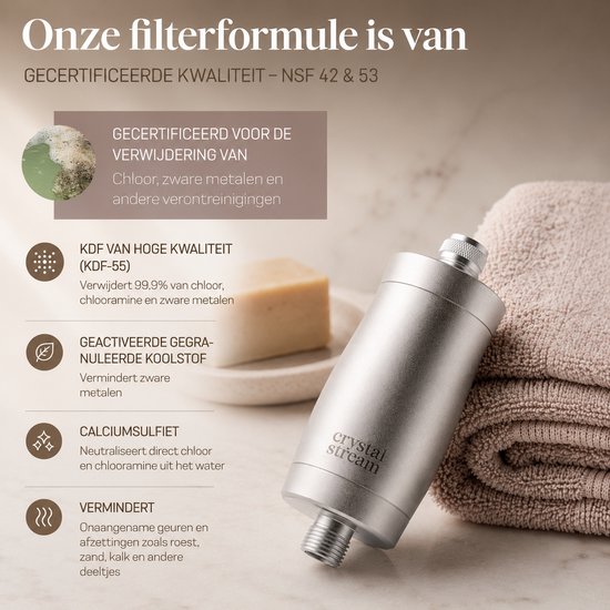 Zilverkleurige douchefilter naast een bruine handdoek, met tekst over de filterformule en gecertificeerde kwaliteit.