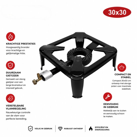 Scheffler ijzeren Gasbrander 30x30 cm - Krachtige Campingbrander met Verstelbare Vlamregeling, Robuust Gietijzer, Hoge Warmteopbrengst, Stabiele Pansteun, Geschikt voor Wok, Paella, Buitenkeuken, Catering en Outdoor Koken, Professionele Kwaliteit — afbeelding 3
