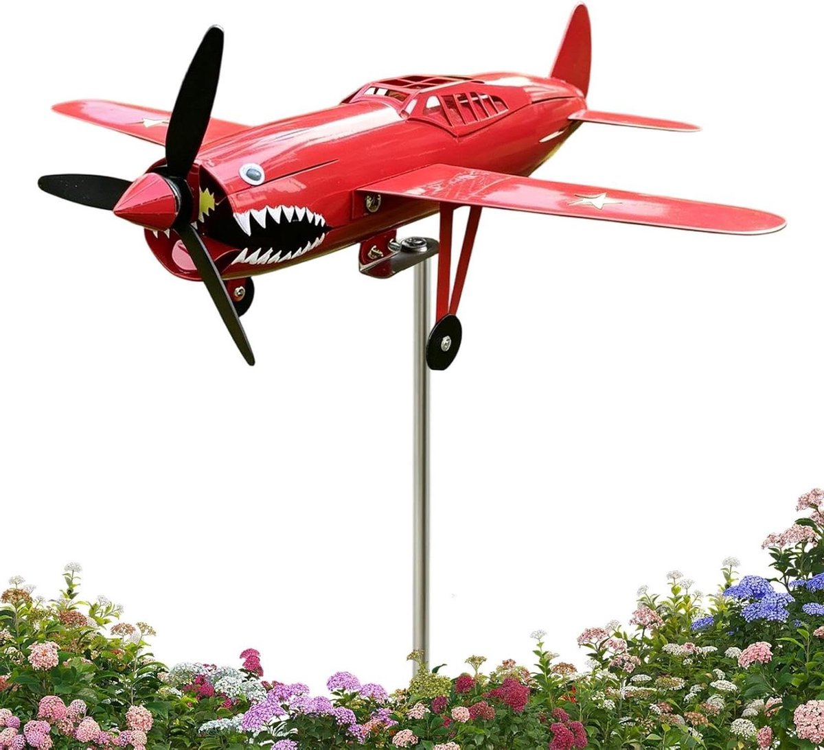 Windspinner Vliegtuig - Tuinmolen Metaal - Buiten Decoratie - Haaienmond Design - 68 x 36 cm - Rood