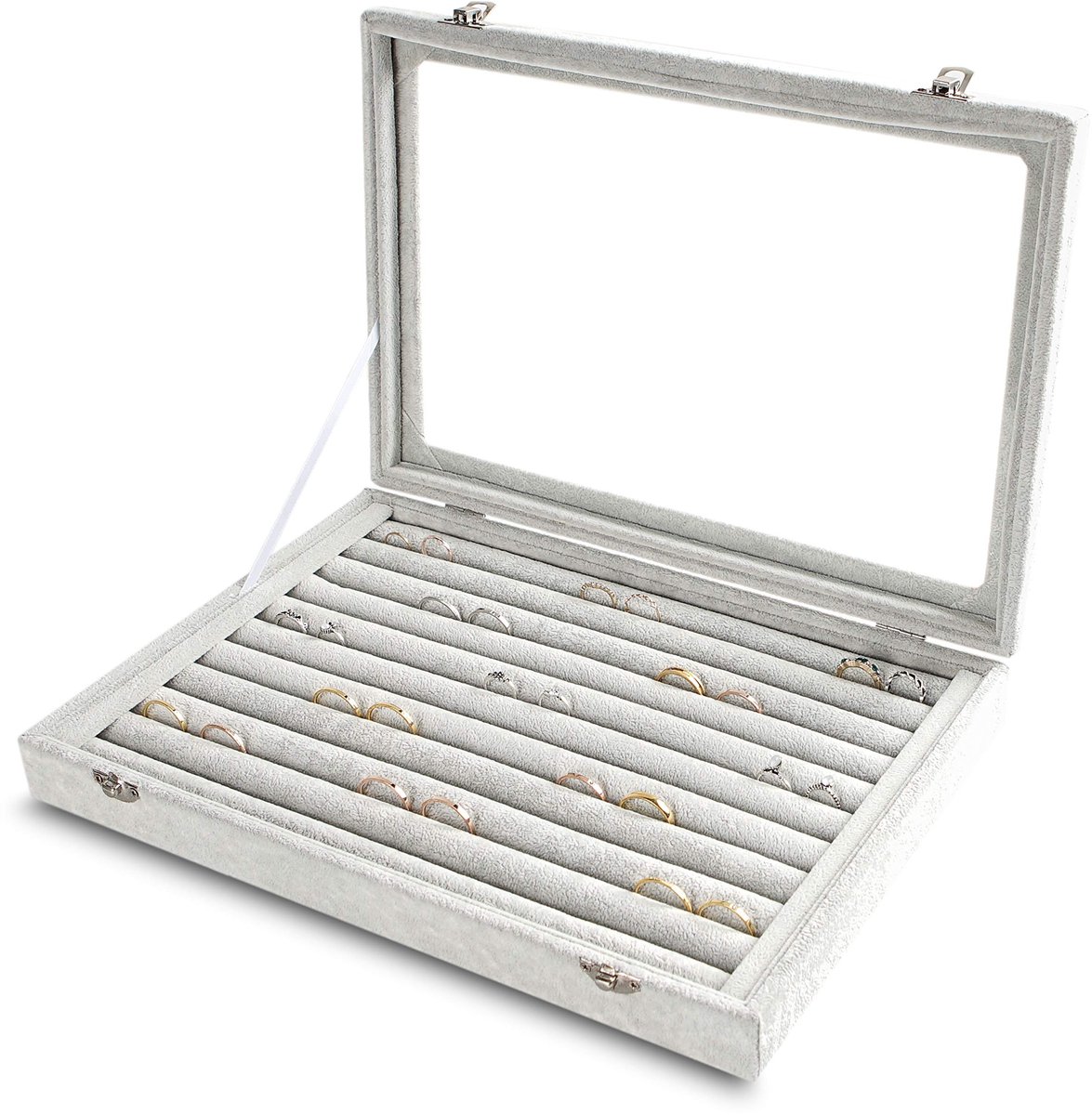 Cosensi- Sieradenopbergdoos met doorzichtig deksel - Ringen/Oorbellen Organizer - Fluwelen Inzetstuk - 10 Sleuven - 13,8 inch x 9,5 inch x 2 inch - Cadeau voor Vrouwen - Sieradenorganizer