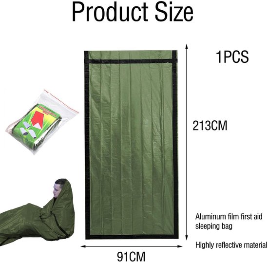 Nood Bivakzak voor Overleving, Waterdichte en Warmte-isolerende Slaapzak, Ideaal voor Kamperen en Outdoor Activiteiten, 213×91cm, Groen — afbeelding 5