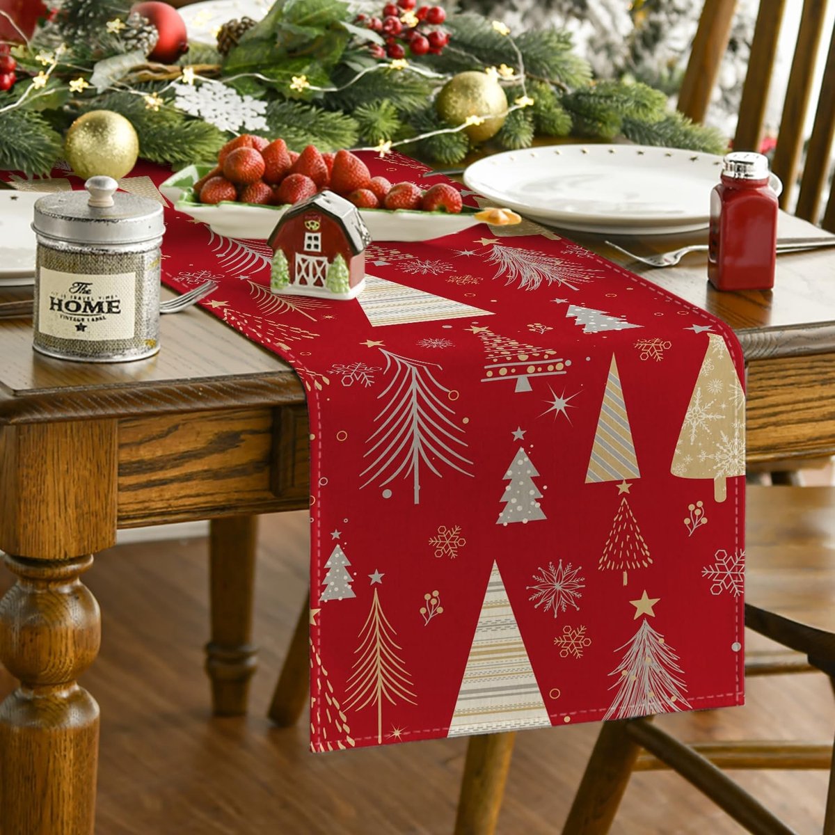 Cosensi - Tafelloper Rood met Bomen en Sterren voor Kerstdecoratie 40x140cm