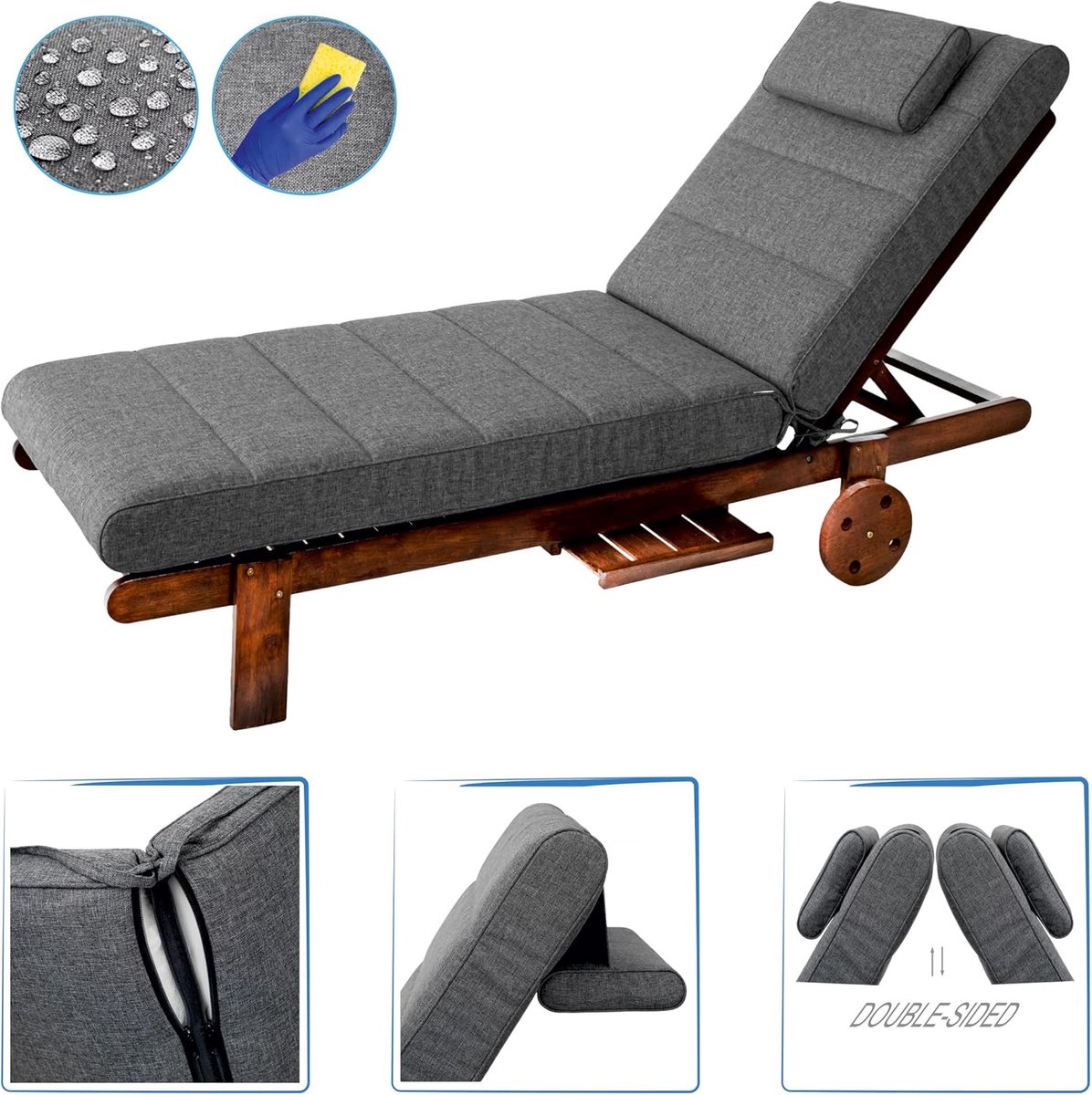 Ligstoelkussen 204 x 60 cm Antraciet – Luxe Tuinmatras voor Ligstoel, Tuinbed, Balkon & Zwembad – Waterafstotend, Afneembare Wasbare Hoes, Comfortabel Ligkussen voor Buiten – Mobili Bella