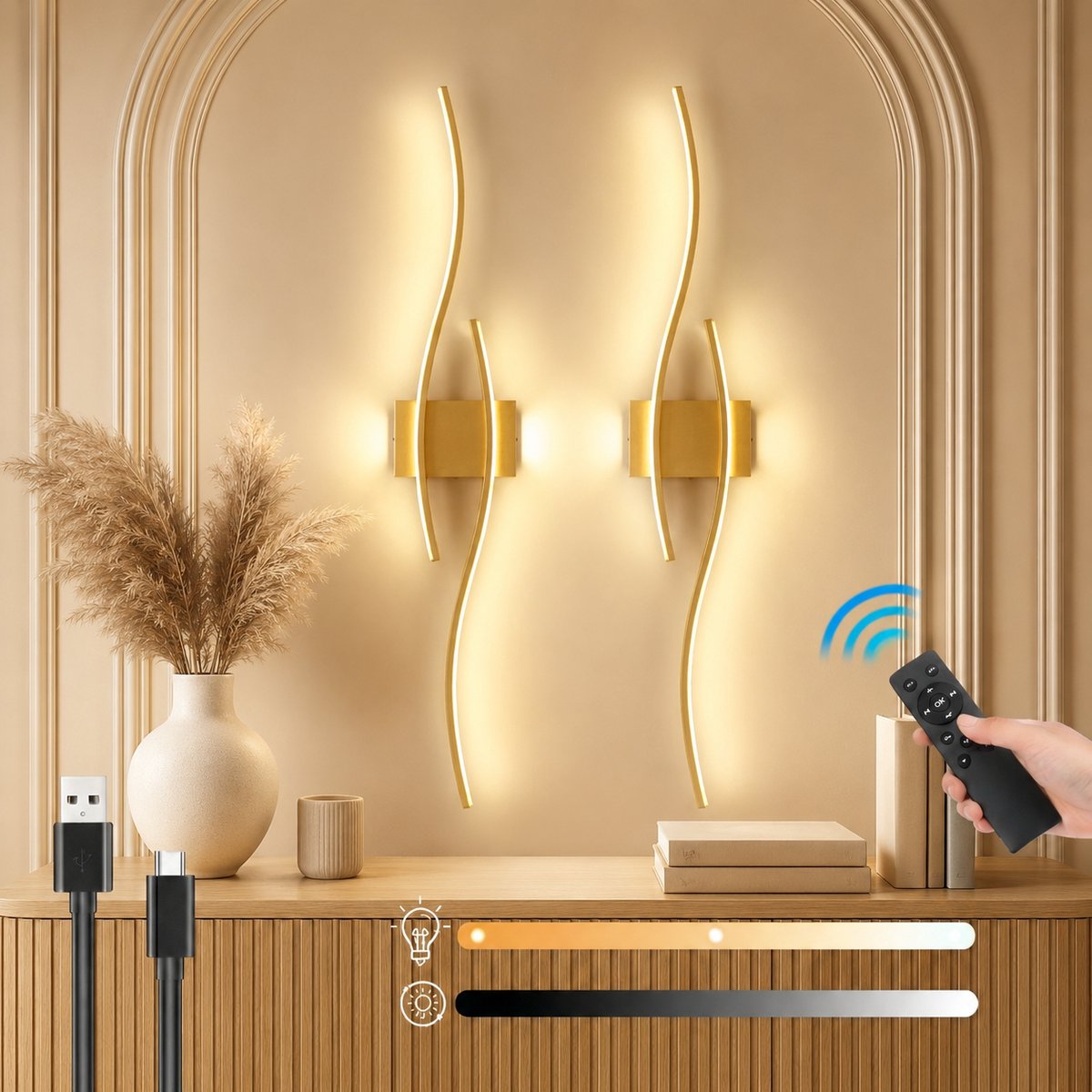 MUPOO Draadloze Wandlamp Binnen Oplaadbaar (2 Stuks)-Timer & Geheugenfunctie - Nachtlichtmodus &Dimbaar- Afstandsbediening- Wandlampen voor Woonkamer & Slaapkamer-Wandverlichting&Sfeerverlichting - Goud