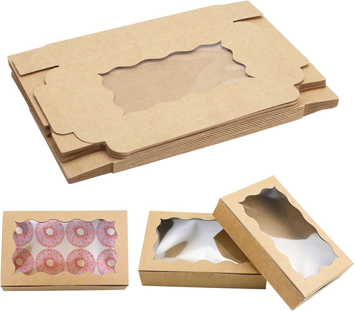 Set van 20 Koekjesdozen met Kijkvenster, Bruine Papieren Cupcake Dozen, Kraft Karton voor Taarten en Snacks, 17.8 x 11 x 3.8 cm, Ideaal voor Desserts en Muffins