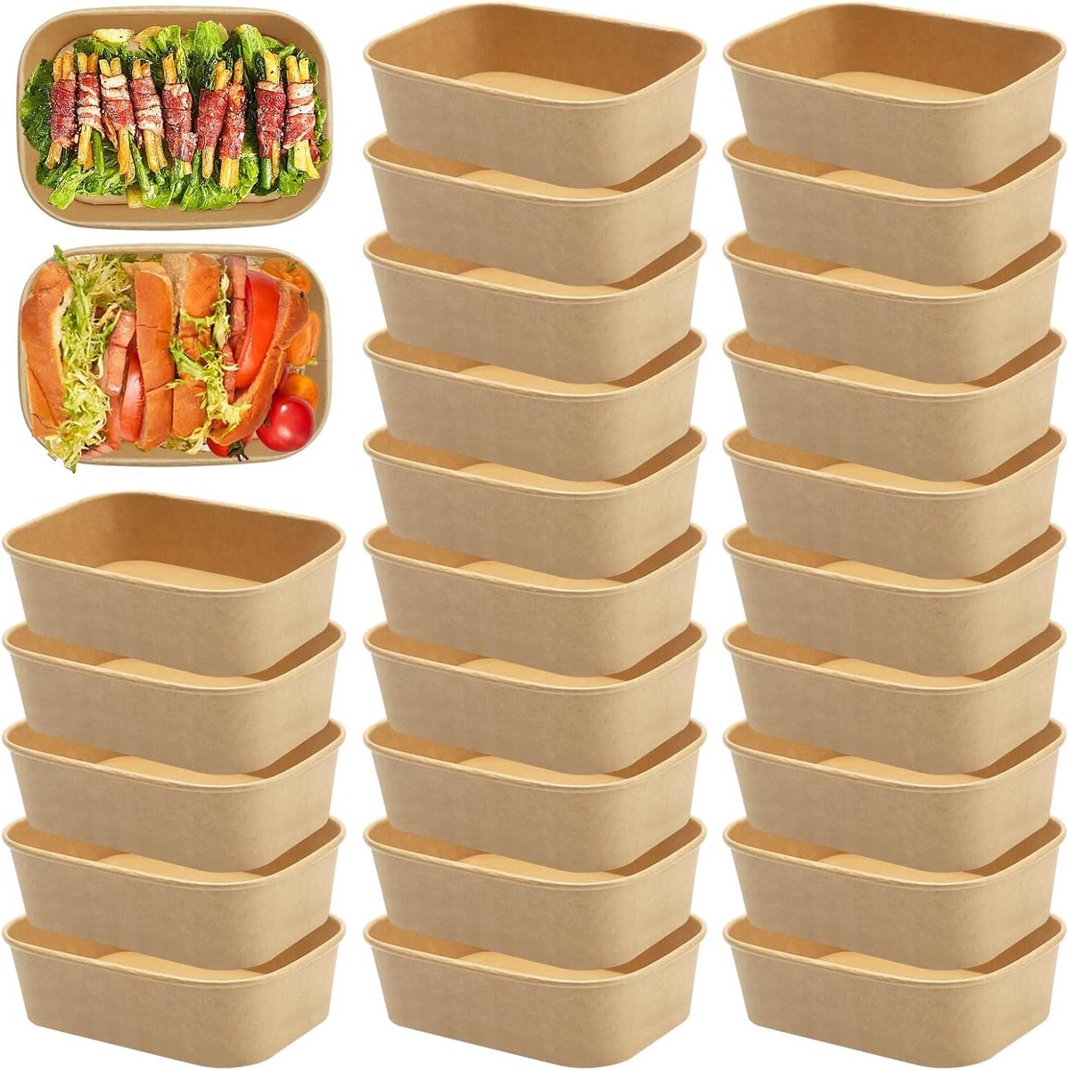 25 Stuks Herbruikbare Kraft Papieren Schalen - Water- en Vetbestendig - Ideaal voor Afhaal, Verpakking en Picknicks - 500ml Zonder Deksel