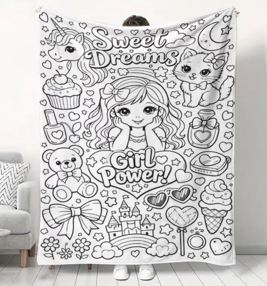 Fleece deken girls - meisje power - DIY XXL Kleurdeken - Fleece deken om zelf in te kleuren - DIY fleece girl power - met textielstiften - cadeau tip — afbeelding 3
