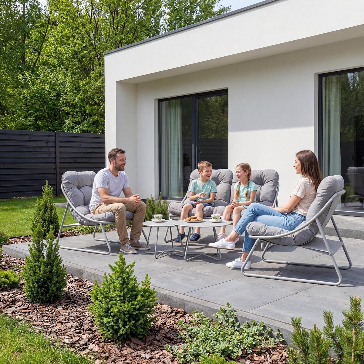 Arsoli Loft Luxe Stalen Loungeset (5-Delig) met Grijze Kussens - Inclusief 1x Loungebank (120x86x83 cm), 2x Fauteuils en 2x Ronde Salontafels (Ø50/60 cm) - Weerbestendig Gepoedercoat Staal voor Tuin, Terras en Balkon