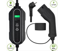 Mobiele Thuislader Elektrische Auto | Waterdicht | 10 Meter | Type 2 Mennekes | 16A 1-Fase 3.7kW | 6A/8A/10A/13A/16A | Uitgesteld Laden | Geheugenfunctie | TPU Kabel | Vanaf Stopcontact (Schuko) | Mobiele EV Lader