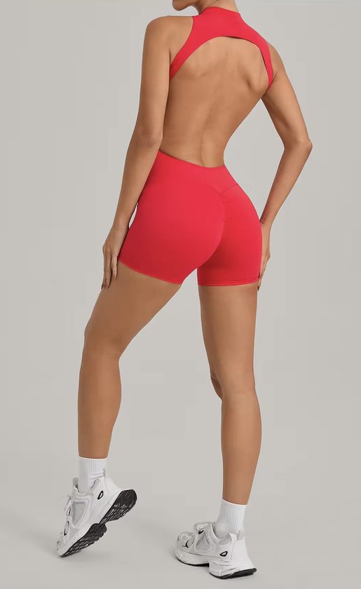 Vyxen Short Jumpsuit Dames - Maat L - Rood - Seamless Sport Jumpsuit met Rits en Open Rug - Korte Fitness & Yoga Jumpsuit - Sportpak Dames — afbeelding 2