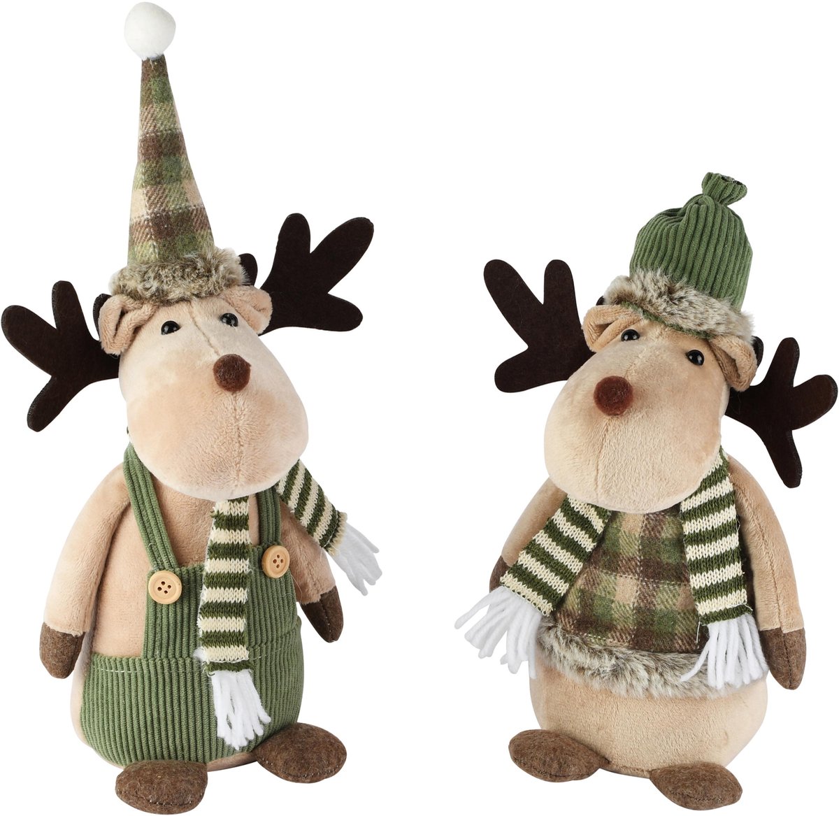 Dekoratief | Rendier m/sjaal/muts, groen/beige, stof, 13x12x27cm, set van 2 stuks | A265265