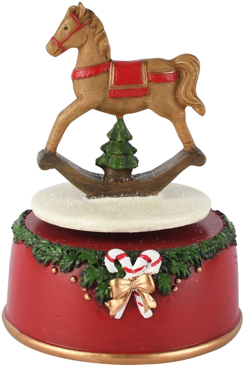Dekoratief | Muziekdoos m/schommelpaard, rood/groen, resina, 11x11x15cm | A265351