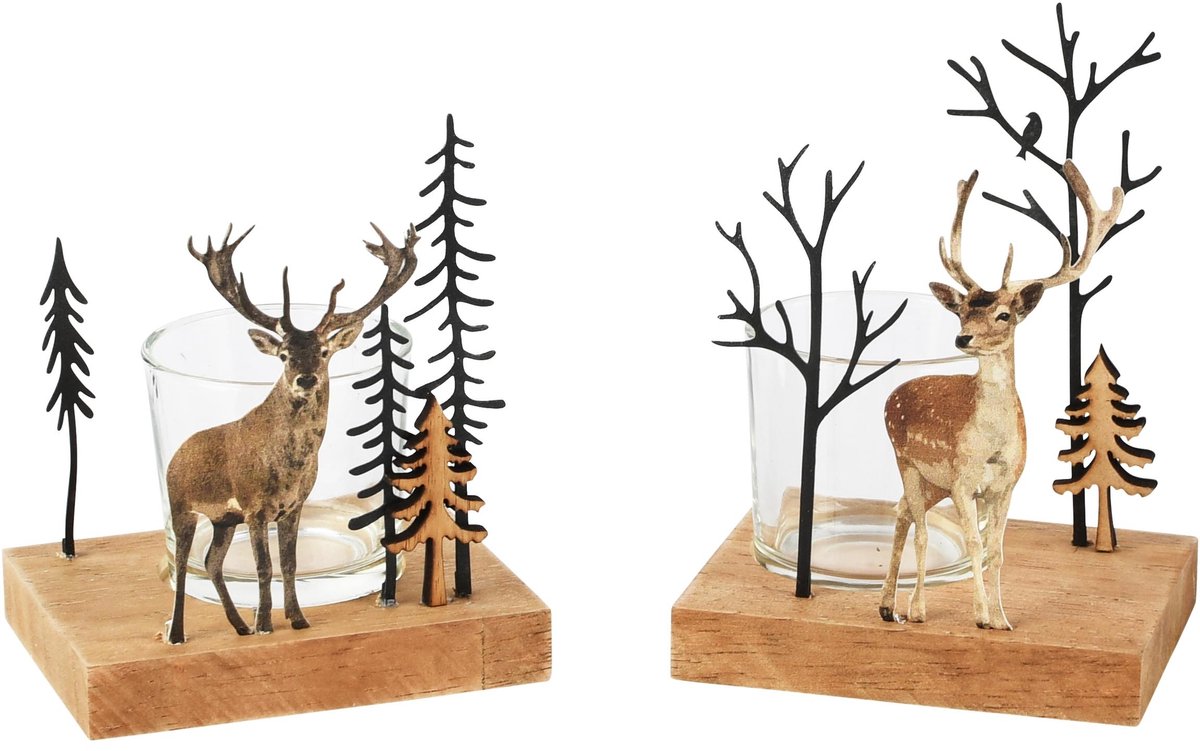 Dekoratief | Theelichthouder 'Deer Scene', naturel, hout/glas, 9x7x11cm, set van 2 stuks | A265204