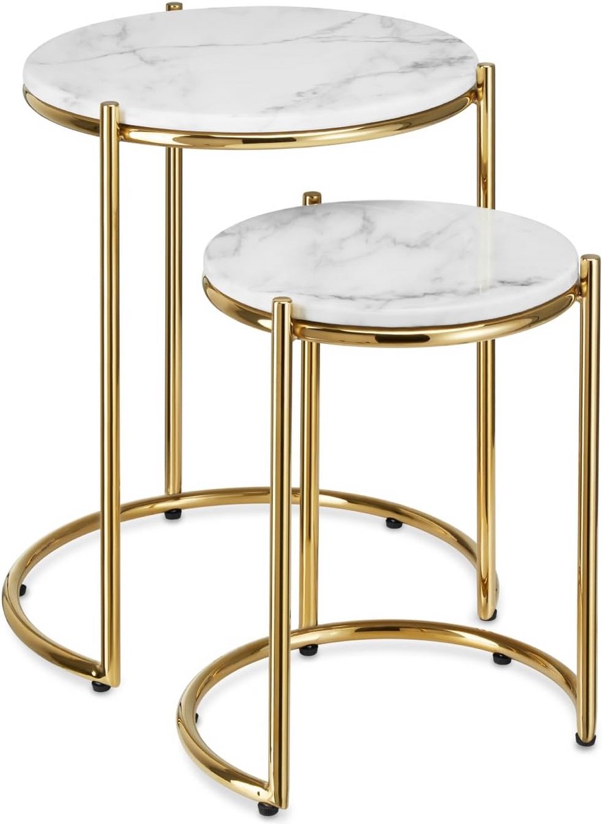 Set van 2 In elkaar Schuifbare Bijzettafels met Marmeren Look en Gouden Frame - Salontafel, Nachtkastje