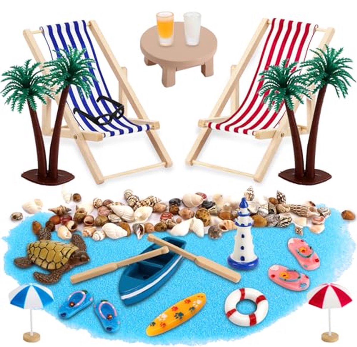 27 stuks strand decoraties set voor mini-landschap met ligstoelen, parasols en palmen