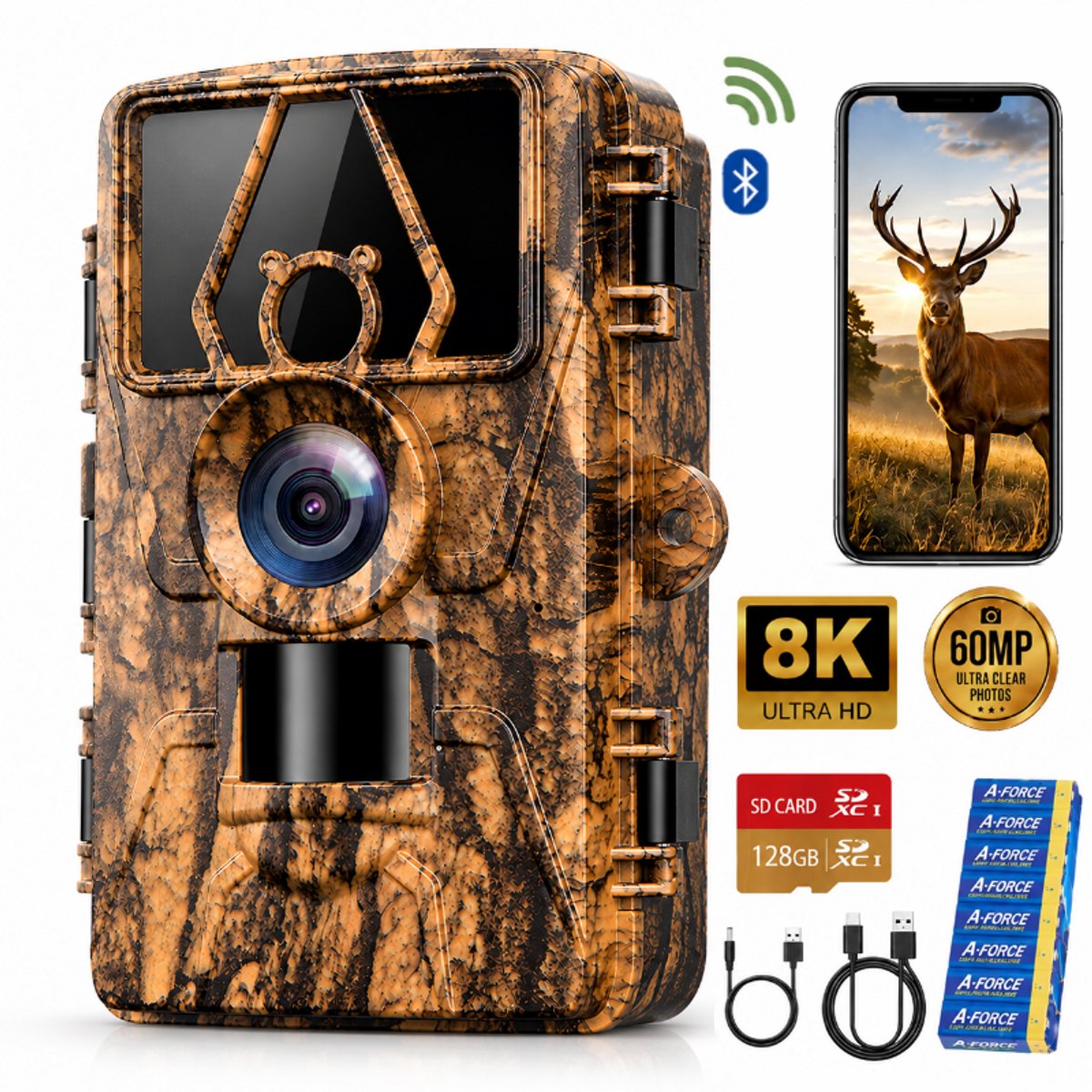 Wildcamera met Wifi App – 8K Ultra HD 60MP – No-Glow Nachtzicht – Incl. 128GB SD-Kaart en Batterijen – IP66 Waterdicht – Trail Camera voor Buiten