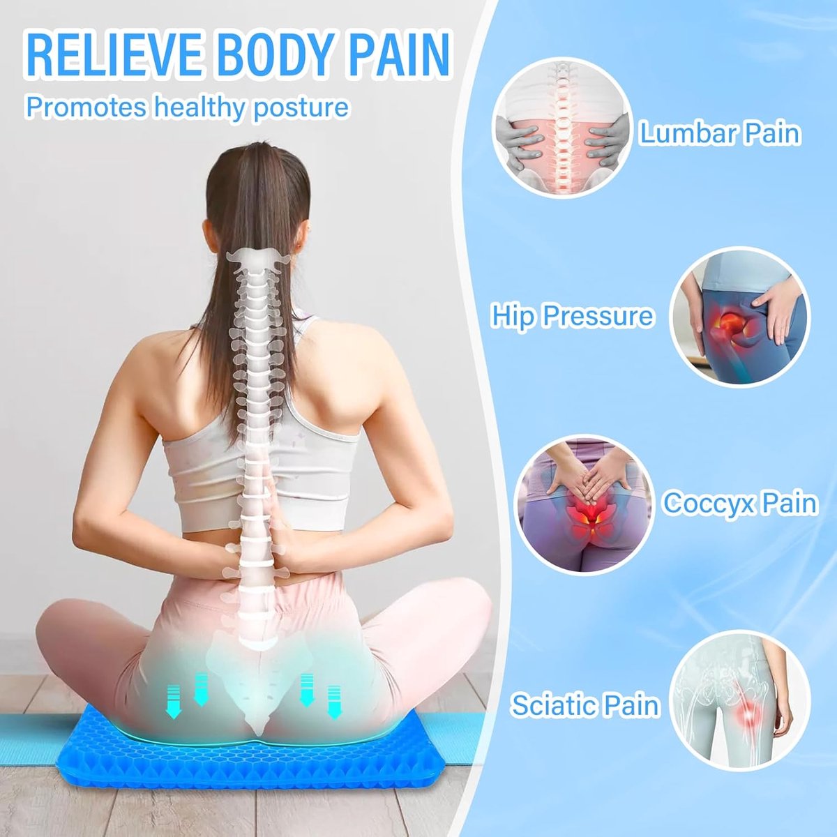 Gel Seat - ZitKussen Orthopedisch - Met Antisliphoes - Verkoelende Gel - Ergonomisch - Gelkussen - Drukverlangende Gel Zitkussen - Stuitkussen - Honingraatvorm - Ventilerend - Thuiswerken - Voor Rolstoel, Auto, Kajak En Bureaustoel - Blauw – foto 2