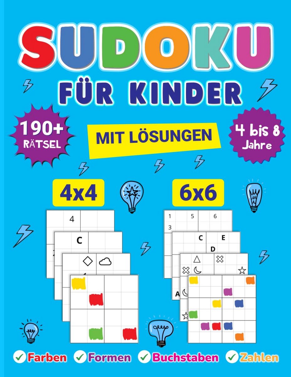 Sudoku Boek voor Kinderen Vanaf 4 Jaar: 190+ Puzzels met Kleuren, Vormen, Letters en Cijfers