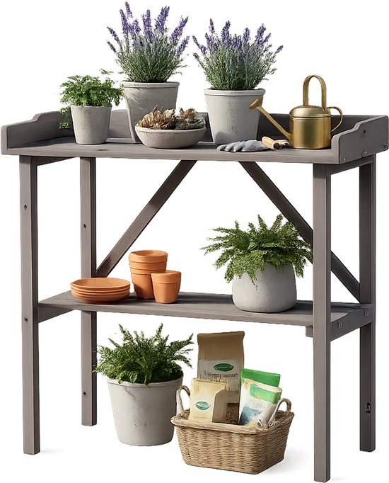 M-Goods - Plantentafel Buiten - Houten Oppottafel - Plantenrek met Opbergrek - Tuin Werktafel - Vurenhout Grijs