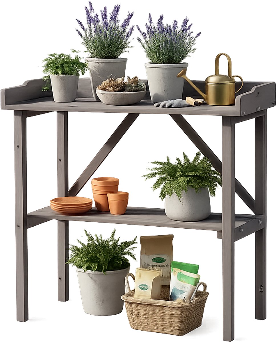 M-Goods - Plantentafel Buiten - Houten Oppottafel - Plantenrek met Opbergrek - Tuin Werktafel - Vurenhout Grijs