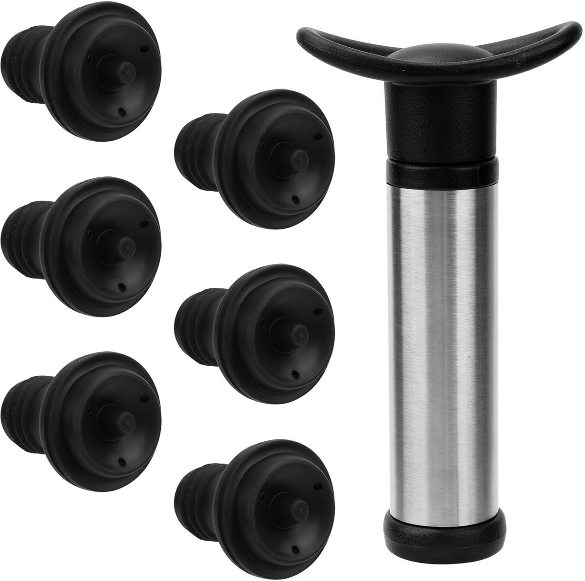 MTTproducts- Vacuümpomp met 6 Vacuümwijnstoppers - Wijnbewaarapparaat - Herbruikbaar - Siliconen Wijnkurken - Zwart/Zilver - 15,5x8cm