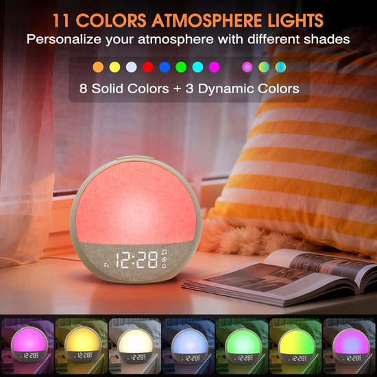 Wake-up Light met 7 Wekgeluiden en 11 Nachtlampkleuren - Lichtwekker met Natuurgeluiden en Snooze Functie van Wake-up Light — afbeelding 4