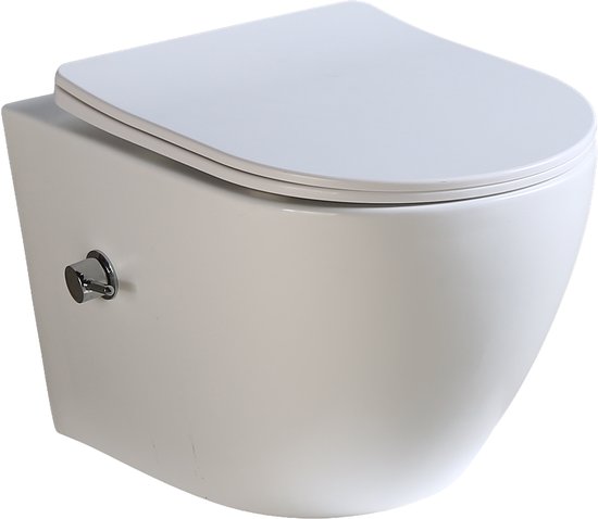 Witte hangende toiletpot met gesloten deksel en een zilverkleurige knop aan de zijkant.