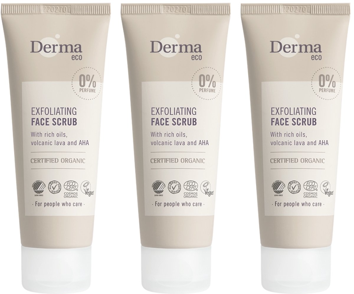 Derma Eco - 2-in-1 Gezichtsscrub - Peelingmasker - 3 x 75 ml - met Aloe Vera - 5% AHA Melkzuur - met Vulkansteen Scrubkorrels - AllergyCertified - Parfumvrij