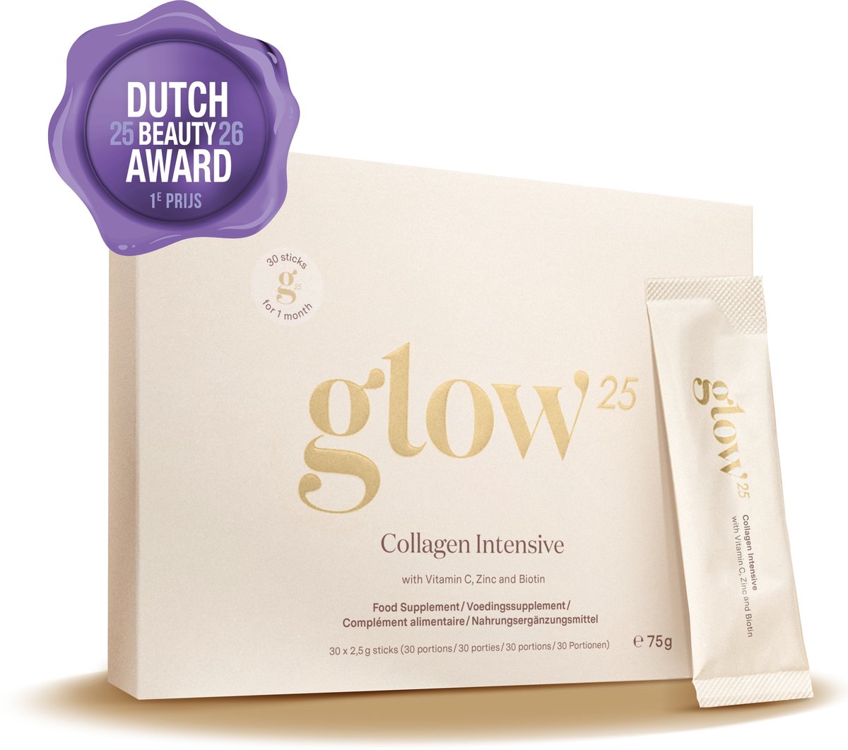Glow25® Collageen Intensief (30 stuks) - met vitamine C, zink en biotine - collageenhydrolysaat met tripeptiden