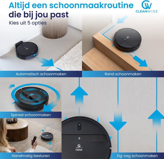 CleanWise Henk Robotstofzuiger – Nederlands Product – Voor Huisdieren – Met Dweilfunctie & Laadstation – Dweilrobot – 4500 Pa – HEPA 14 – Ultra dun 7,4 cm – App & Spraakbediening – Voor Huisdierharen, Harde Vloeren & Tapijt