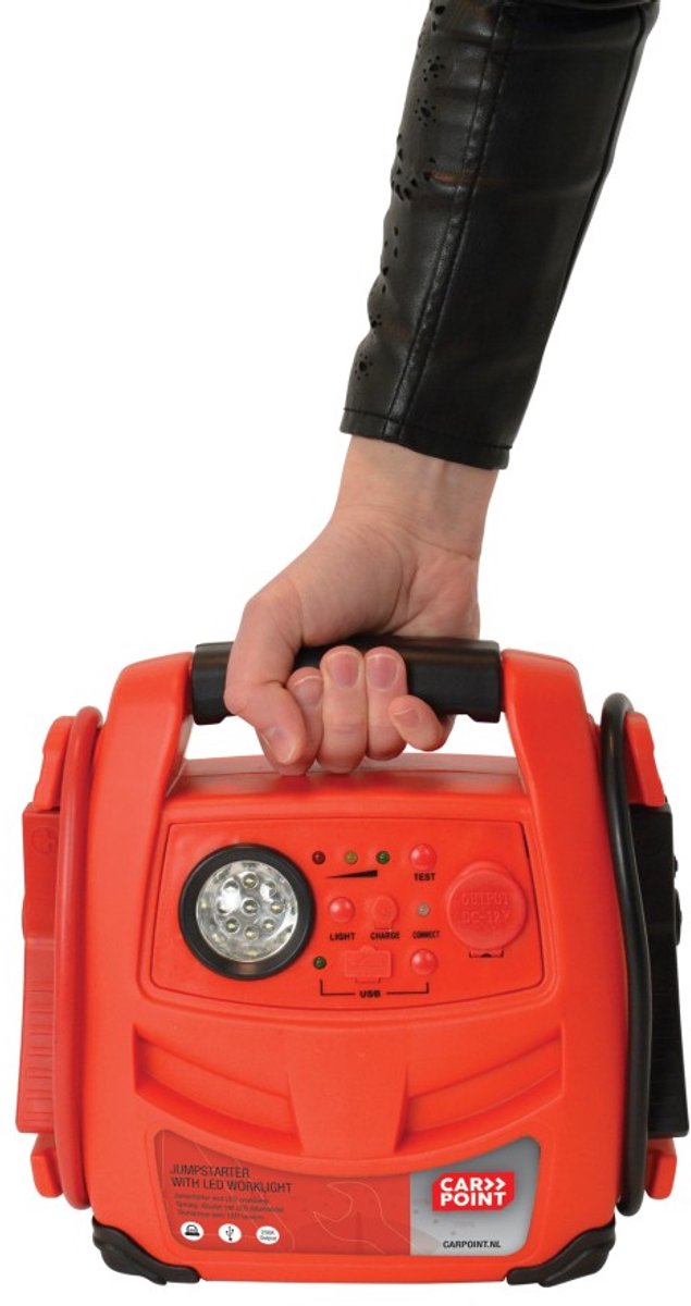 Carpoint Jumpstarter - 12Volt - Vermogen 250 Ampère - Adapter voor opladen op netspanning - 3 gekleurde leds voor batterijstatus - Ingebouwde ledverlichting - USB poort voor opladen accessoires – Afmeting 255x260x110mm