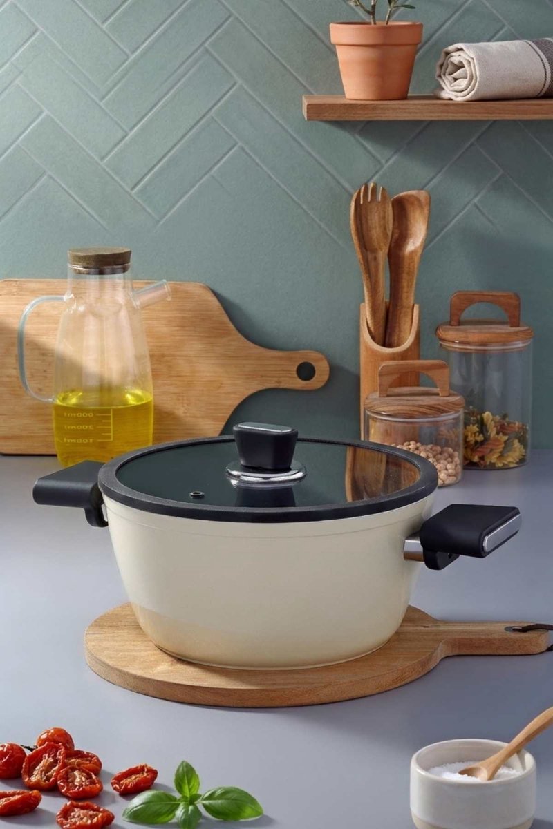 Polochef VSD-126 - Vista Seramische Diepe Kookpan 26 cm – Beige – Anti-aanbak – Inclusief Glazen Deksel – Inductie Geschikt