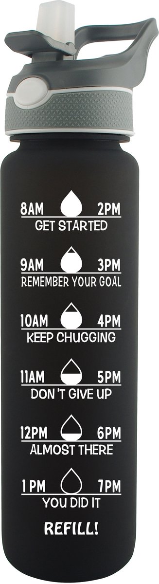 Trywise Drinkfles met Rietje 1 Liter - Lekvrije Waterfles van BPA-vrij Tritan - Sportfles met Sprayfunctie en Tijdmarkering - Voor School, Sport, Kantoor en Onderweg - Matzwart