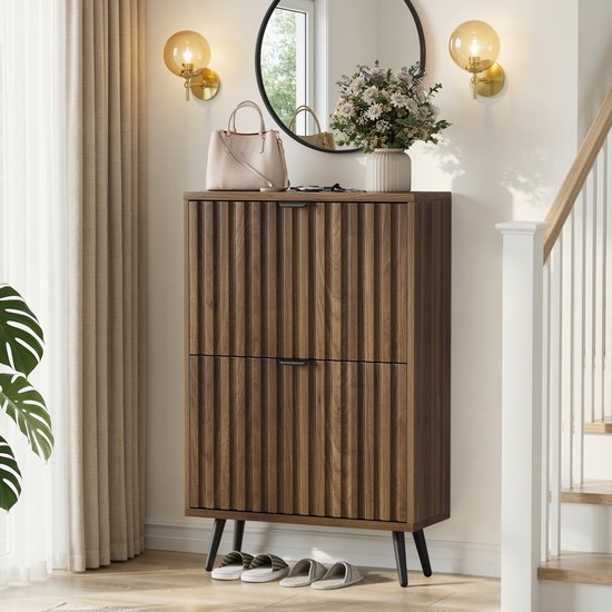 Pugsdrly 60 cm schoenenkast van walnotenhout – Vrijstaande schoenenopbergruimte in mid-century modern-stijl met twee klapvakken en geribbeld ontwerp – Ideaal voor gangen en entrees