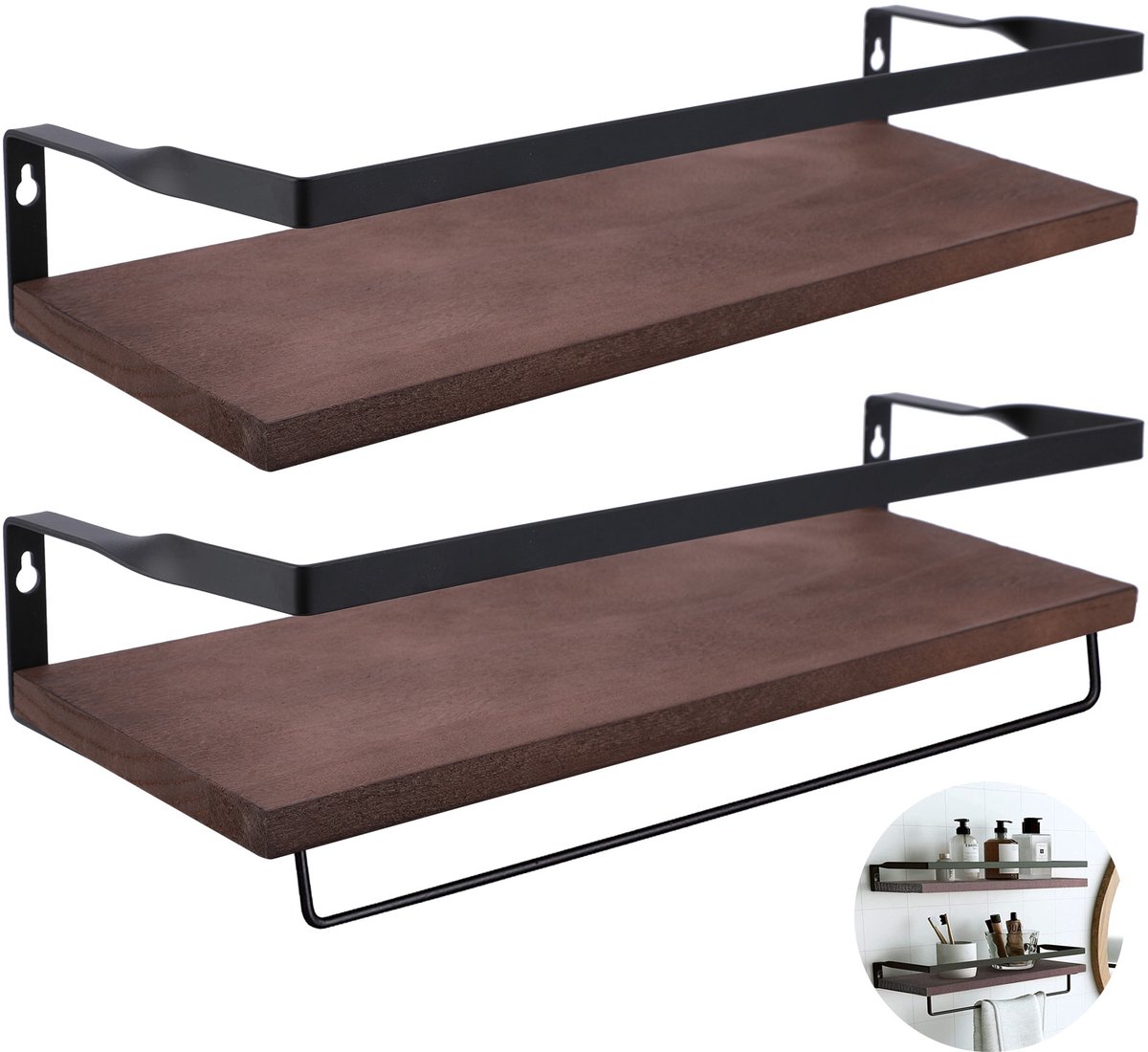 Lemlit Wandplanken 2 stuks - Zwevend Wandrek 40 cm met Handdoekhouder en Beschermrand - Houten Wandplank voor Keuken Badkamer Slaapkamer en Kantoor - Bruin Zwart