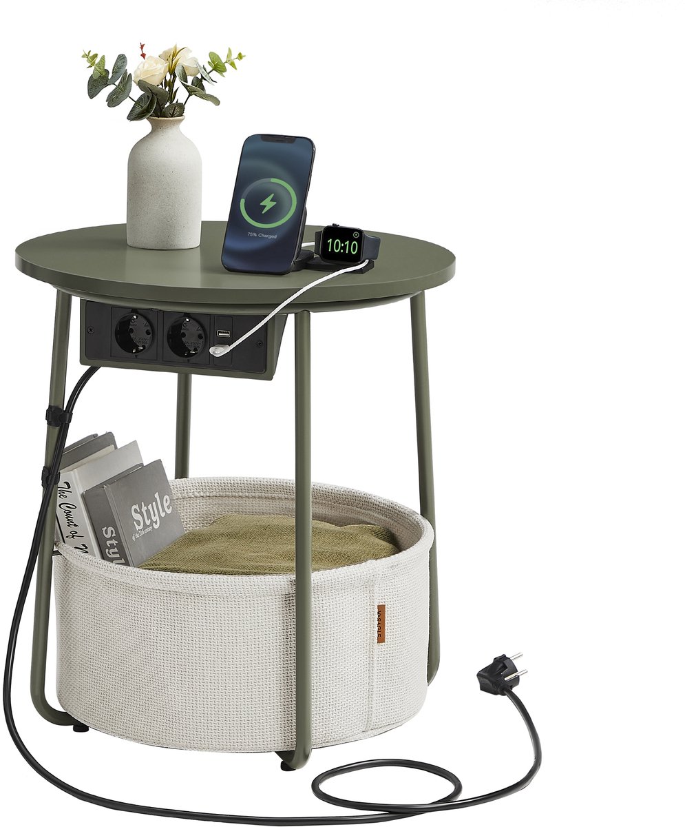 VASAGLE - Bijzettafel - Bijzettafeltjes Woonkamer - Ronde Bijzettafel met Laadstation - Met Stopcontact en USB-poorten - Inclusief Stoffen Mand