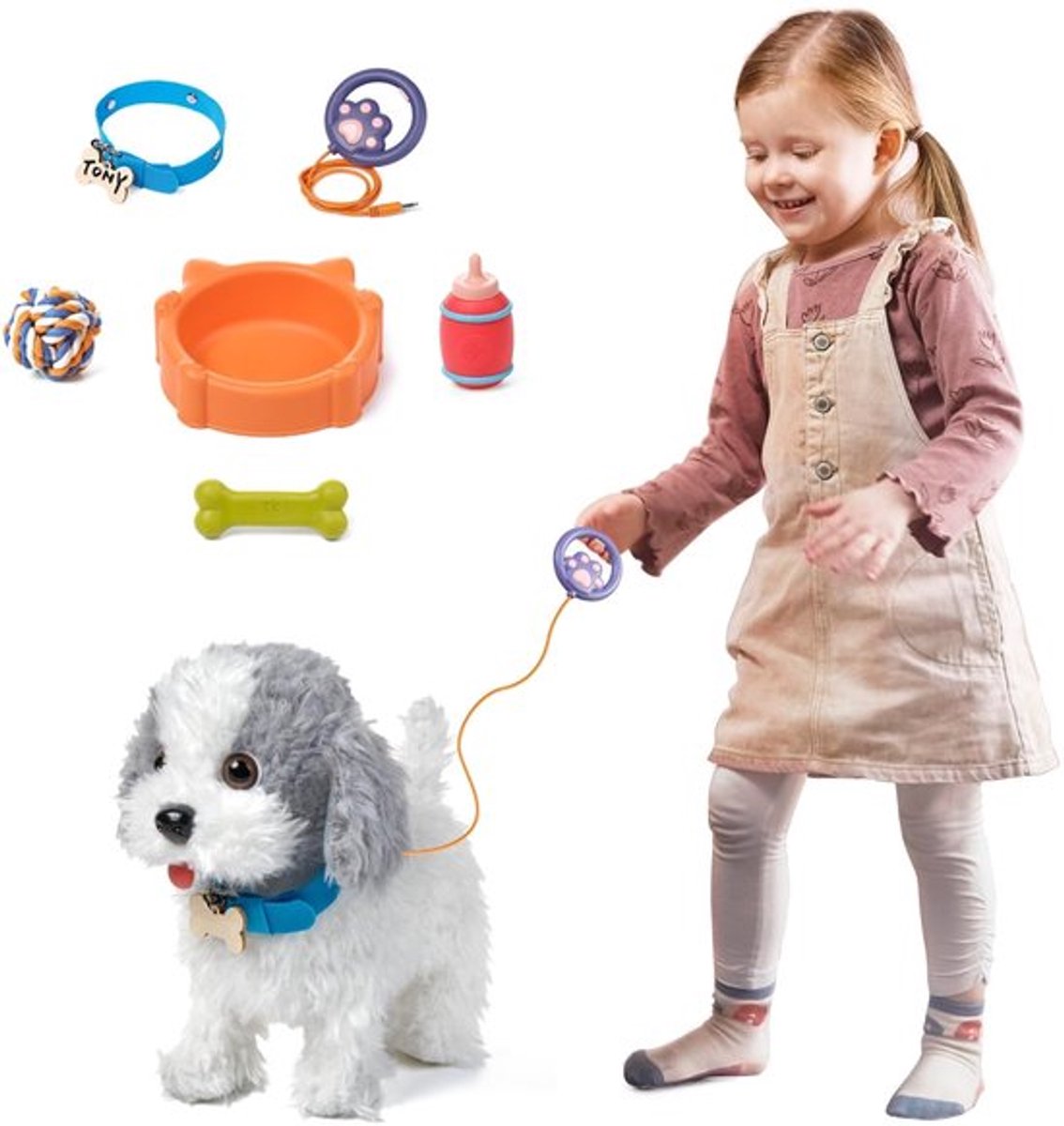 Interactieve Knuffelhond die Loopt en Blaft - Interactieve knuffels - Elektronische Puppy met Riem & Accessoires - Wandelende Speelgoedhond met Likfunctie & Geluid - wit