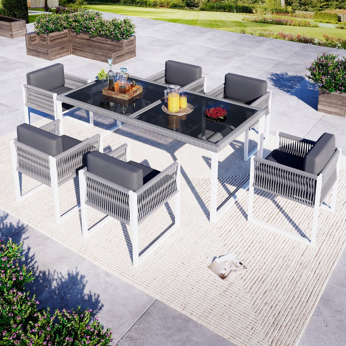 Wishdor Tuin Eetset Met Tafel En 6 Stoelen - Met Touwafwerking En Wasbare Afneembare Hoezen - Modern Voor Tuin Of Terras - IJzer En Polyester Grijs Wit - 170 X 80 X 75 Cm