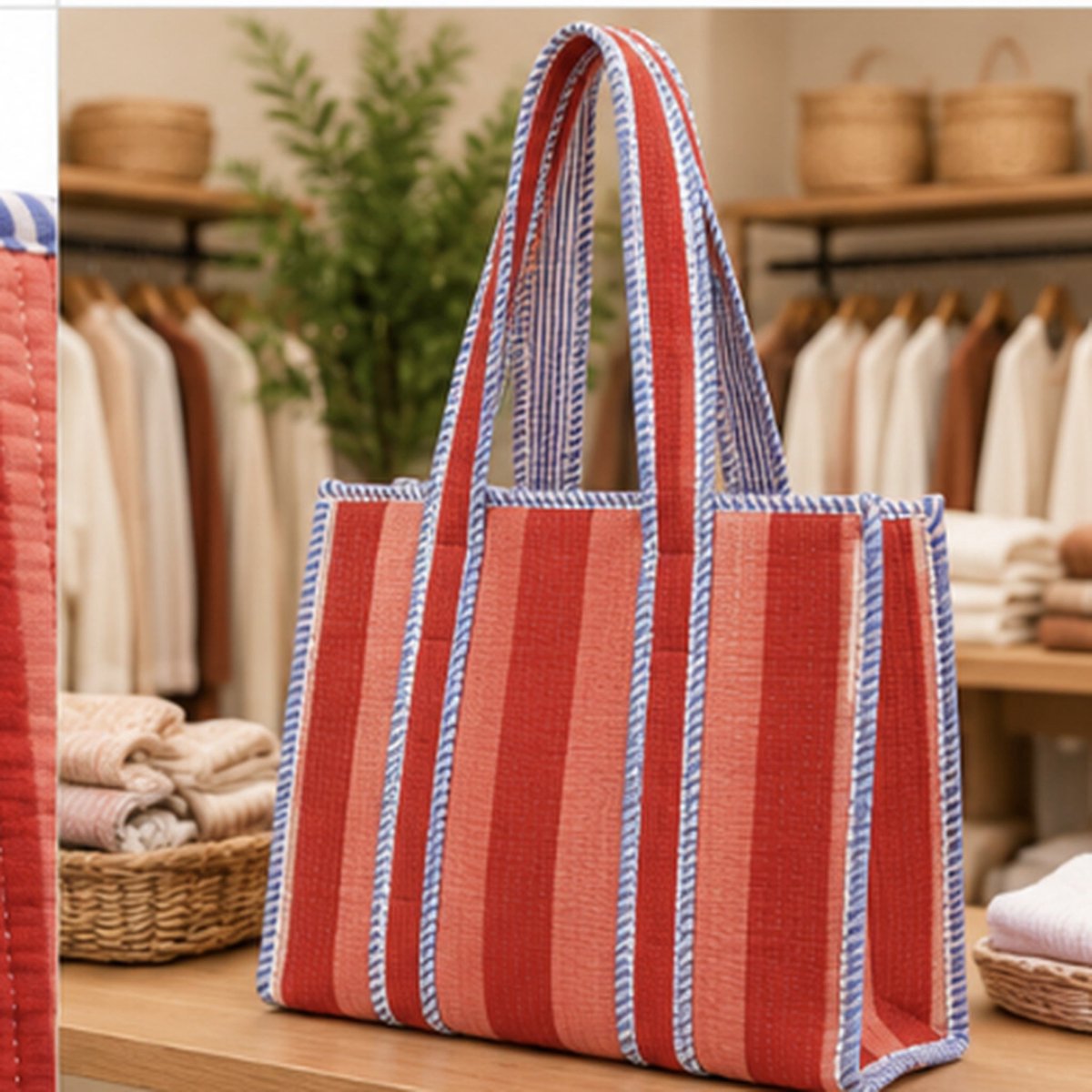 HS Stoffen Tas - Meerdere Prints - Red Check Striped - Maat One Size