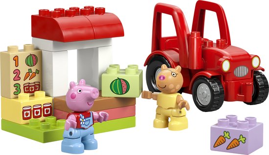 LEGO Duplo Peppa Pig tractor en marktkraam met vrolijke figuren, waaronder Peppa en Suzy Schaap.