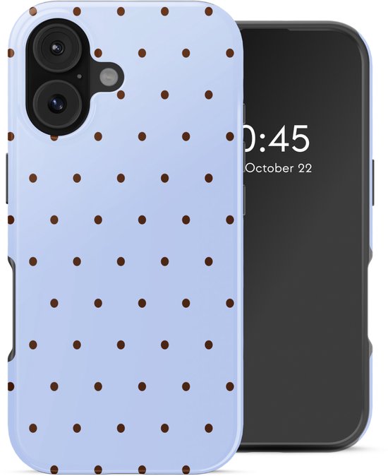 Blauw hoesje met bruine stippen voor een telefoon, met de tijd 10:45.