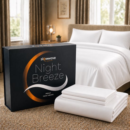 Doos met de tekst 'Night Breeze Premium TENCEL™ Bedding' naast een opgevouwen wit dekbed en kussenslopen. Wit bed op achtergrond.
