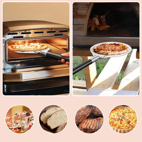 Collage: Pizza in een oven, pizza uit een steenoven, gesmolten kaas op pizza, brood en gegrild vlees.