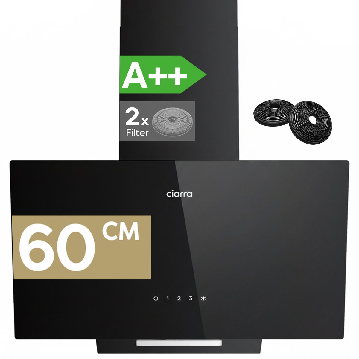CIARRA VM6750CB - Schuine Afzuigkap 60 cm A++ 350 m³/u, met LED Recirculatie & Luchtafvoer Touchbediening