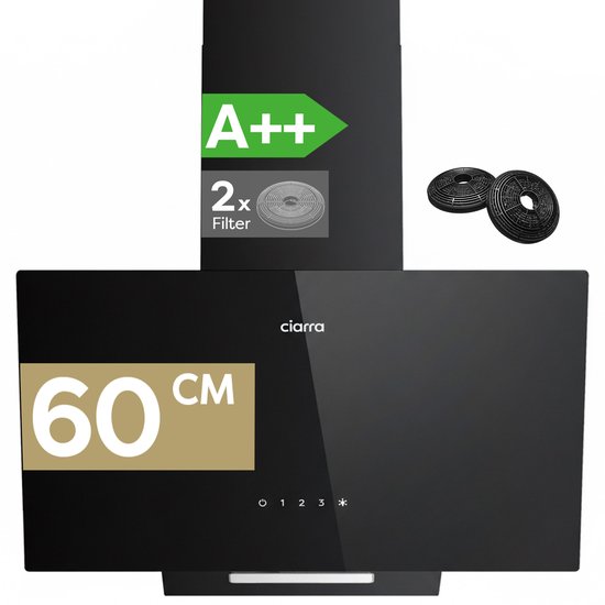 CIARRA VM6750CB - Schuine Afzuigkap 60 cm A++ 361 m³/u, met LED Recirculatie & Luchtafvoer Touchbediening