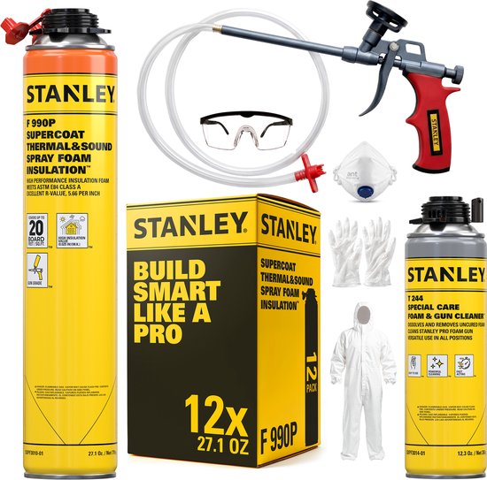 Stanley F 990P spuitisolatieschuim kit met spuitpistool, veiligheidsbril, mondkapje en handschoenen.
