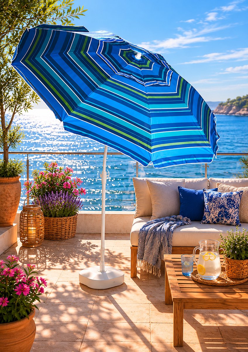 Pincho - Mooie Luxe Aluminium Parasol met Rechte Punt (Zonder Zandboor) 200 cm - Licht en Donker Blauwe Strepen - Knikbaar en Kantelbaar - UV 99% UPF50 - Windvaan - Draagtas - Fiber Baleinen
