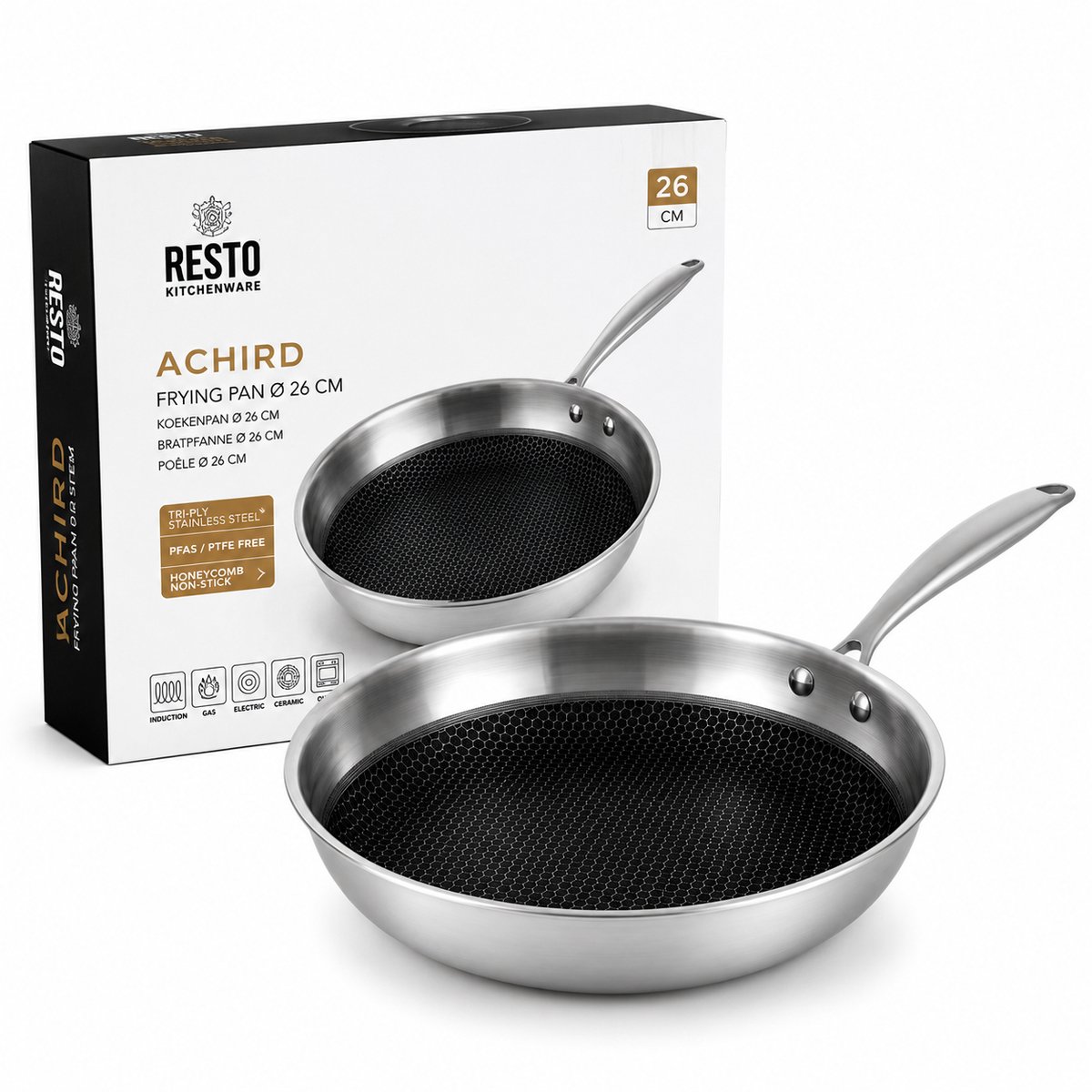 RESTO Achird Koekenpan 26 cm – TRI-PLY RVS Koekpan – PFAS/PTFE Vrij – Inductie Geschikt – Honingraat Anti-aanbaklaag – Ovenbestendig